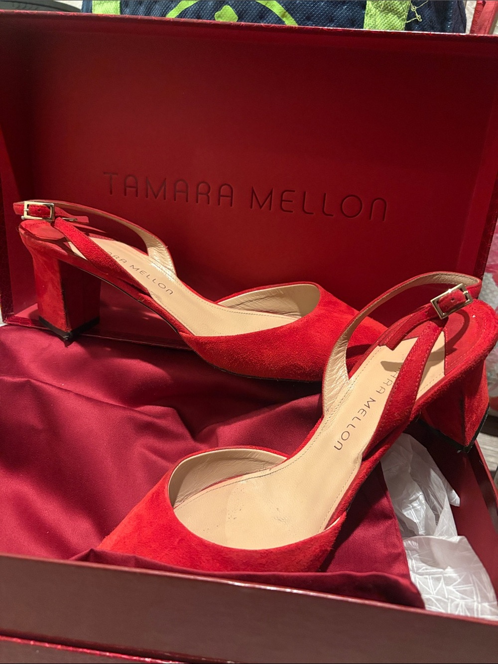 Tamara Mellon Red Suede Slingback Block Heel
